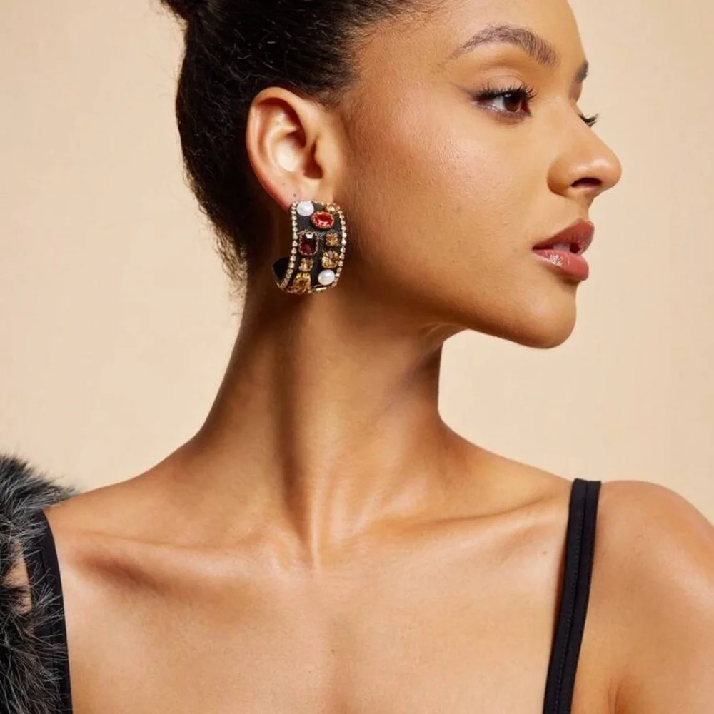 2/$30🌵 Bejeweled Thick Black Hoop Earrings Rhinestone Faux Pearl Royalty NEW
